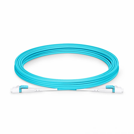 FyberOptix 5m (16ft) Fiber Patch Cable, 2 Fibers, LC UPC Duplex to LC UPC Duplex Flat Clip Uniboot, Multimode (OM4), Riser (OFNR), 2.0mm, Aqua