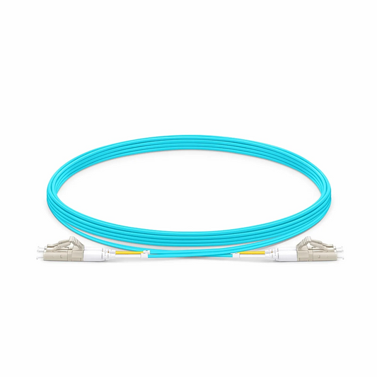 FyberOptix 5m (16ft) Fiber Patch Cable, 2 Fibers, LC UPC Duplex to LC UPC Duplex, Multimode (OM4), Riser (OFNR), 1.2mm, Tight-Buffered, Aqua