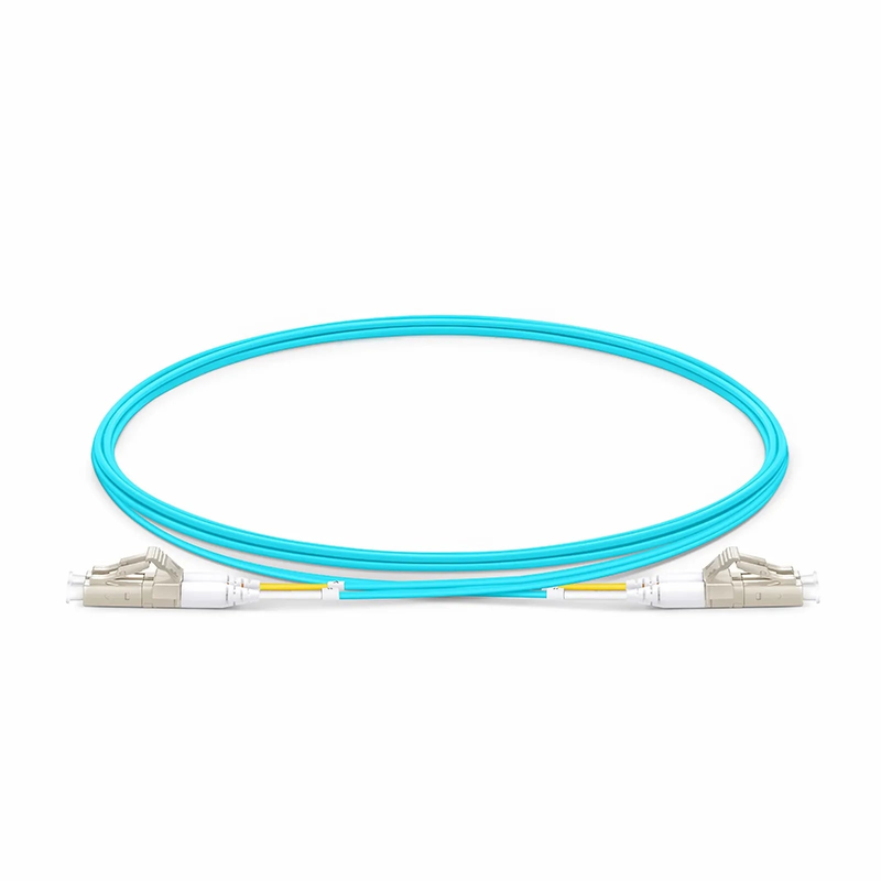 FyberOptix 2m (7ft) Fiber Patch Cable, 2 Fibers, LC UPC Duplex to LC UPC Duplex, Multimode (OM4), Riser (OFNR), 1.2mm, Tight-Buffered, Aqua