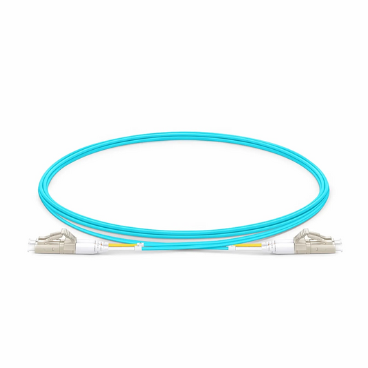 FyberOptix 2m (7ft) Fiber Patch Cable, 2 Fibers, LC UPC Duplex to LC UPC Duplex, Multimode (OM4), Riser (OFNR), 1.2mm, Tight-Buffered, Aqua