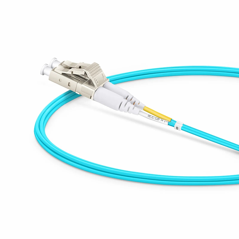 FyberOptix 2m (7ft) Fiber Patch Cable, 2 Fibers, LC UPC Duplex to LC UPC Duplex, Multimode (OM4), Riser (OFNR), 1.2mm, Tight-Buffered, Aqua