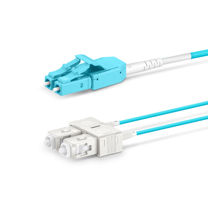 FyberOptix 3m (10ft) Fiber Patch Cable, 2 Fibers, LC UPC Duplex Standard Clip Uniboot to SC UPC Duplex, Multimode (OM4), Riser (OFNR), 2.0/0.9mm, Aqua