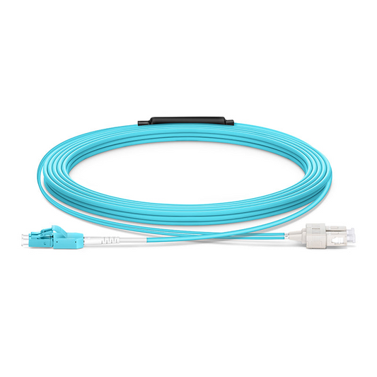 FyberOptix 10m (33ft) Fiber Patch Cable, 2 Fibers, LC UPC Duplex Standard Clip Uniboot to SC UPC Duplex, Multimode (OM4), Riser (OFNR), 2.0/0.9mm, Aqua
