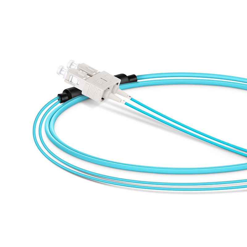 FyberOptix 1m (3ft) Fiber Patch Cable, 2 Fibers, LC UPC Duplex Standard Clip Uniboot to SC UPC Duplex, Multimode (OM4), Riser (OFNR), 2.0/0.9mm, Aqua