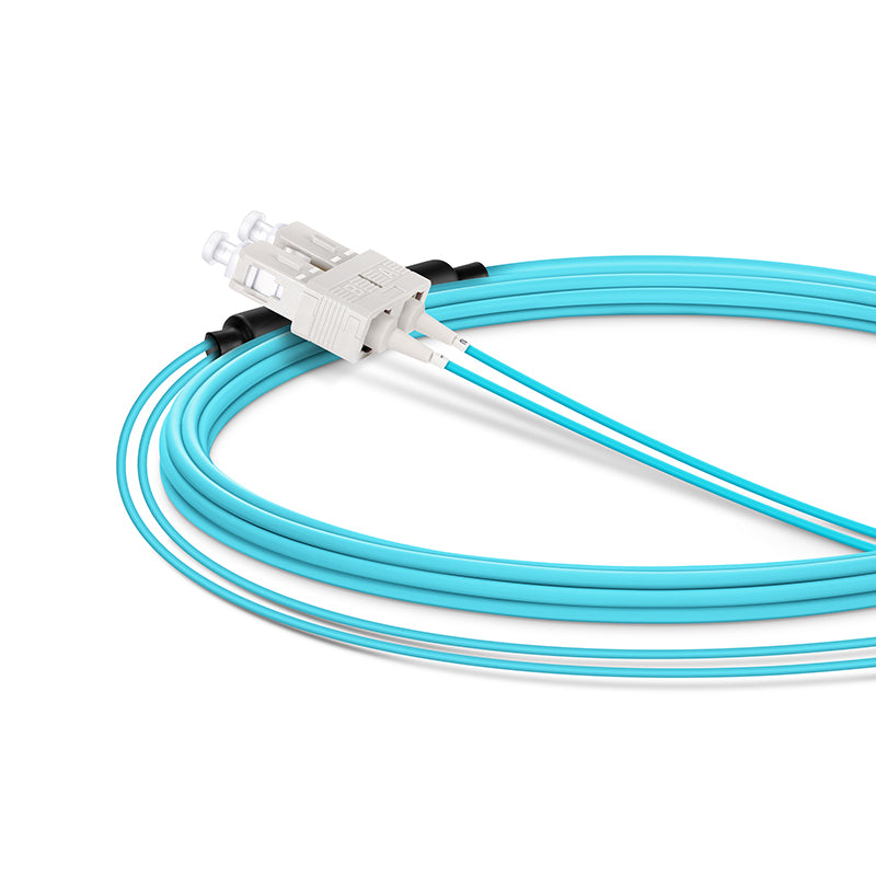 FyberOptix 5m (16ft) Fiber Patch Cable, 2 Fibers, LC UPC Duplex Standard Clip Uniboot to SC UPC Duplex, Multimode (OM4), Riser (OFNR), 2.0/0.9mm, Aqua