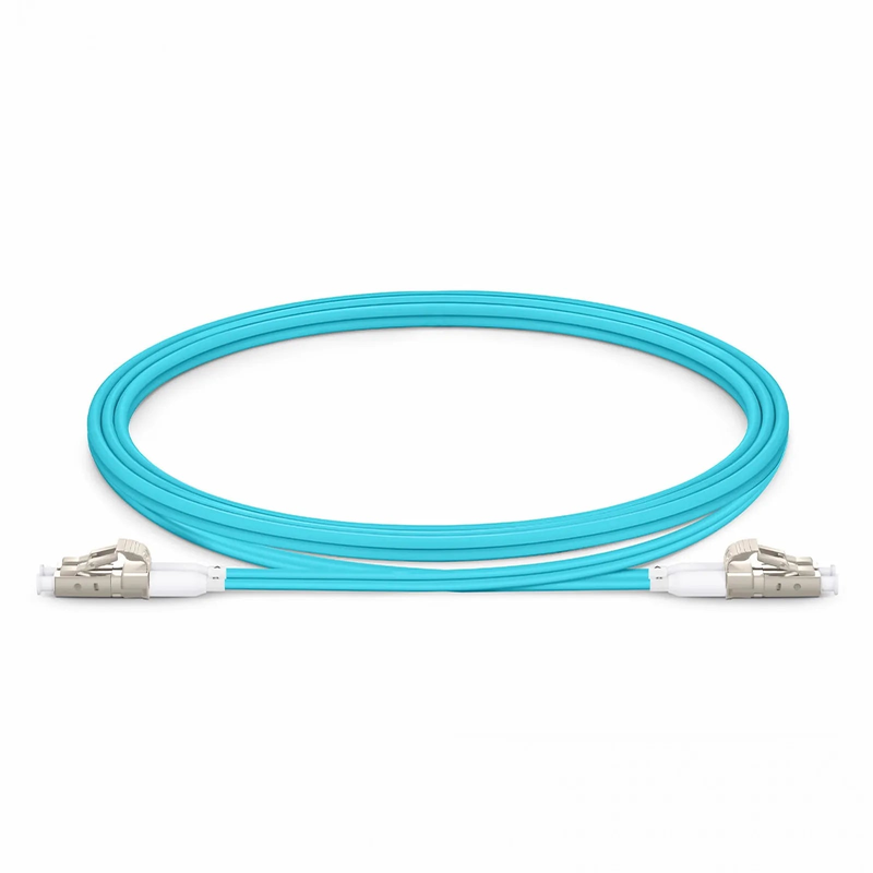 FyberOptix 1m (3ft) Fiber Patch Cable, 2 Fibers, Short Boot, LC UPC Duplex to LC UPC Duplex, Multimode (OM3), Riser (OFNR), 2.0mm, Tight-Buffered, Aqua