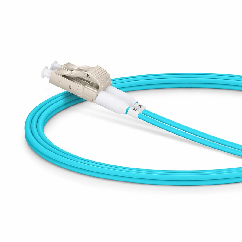 FyberOptix 1m (3ft) Fiber Patch Cable, 2 Fibers, Short Boot, LC UPC Duplex to LC UPC Duplex, Multimode (OM3), Riser (OFNR), 2.0mm, Tight-Buffered, Aqua
