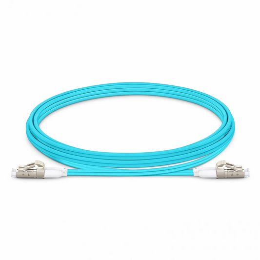 FyberOptix 2m (7ft) Fiber Patch Cable, 2 Fibers, Short Boot, LC UPC Duplex to LC UPC Duplex, Multimode (OM3), Riser (OFNR), 2.0mm, Tight-Buffered, Aqua