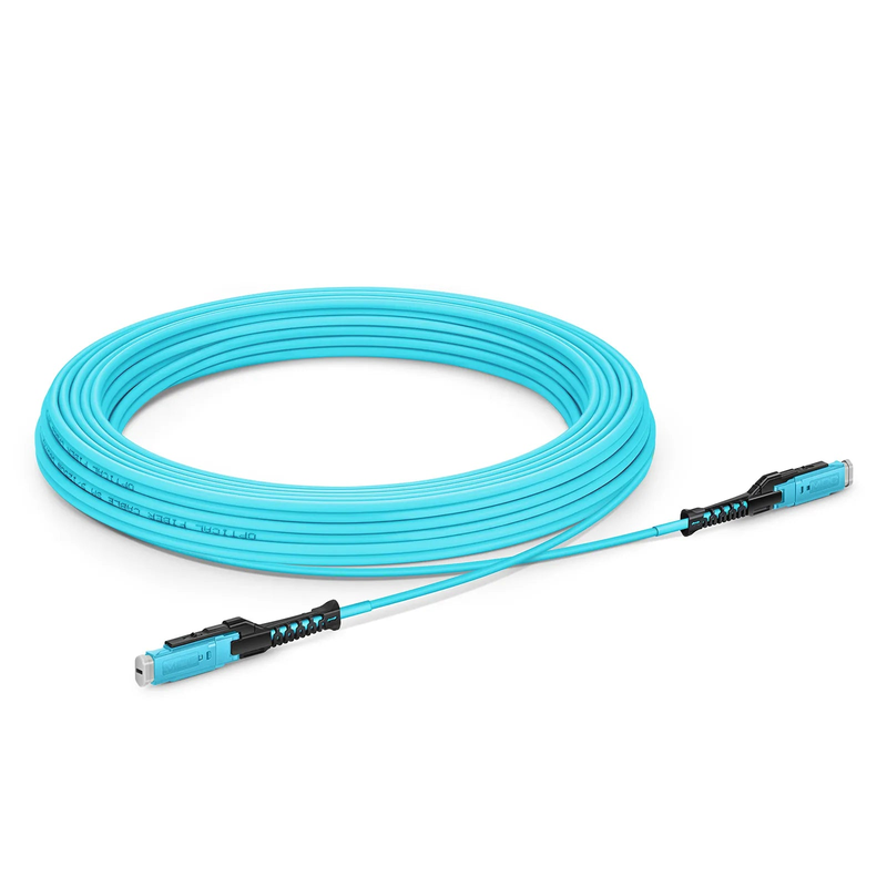 FyberOptix 30m (98ft) Fiber Patch Cable, 2 Fibers, MDC UPC Duplex to MDC UPC Duplex Uniboot, Multimode (OM4), Riser (OFNR), 2.0mm, Aqua, for 100/400/800G Network Connection