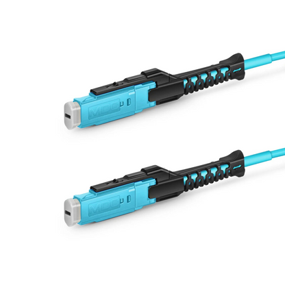 FyberOptix 30m (98ft) Fiber Patch Cable, 2 Fibers, MDC UPC Duplex to MDC UPC Duplex Uniboot, Multimode (OM4), Riser (OFNR), 2.0mm, Aqua, for 100/400/800G Network Connection