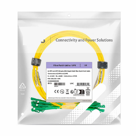 FyberOptix 1m (3ft) Fiber Patch Cable, 1 Fiber, LC APC Simplex to LC APC Simplex, Single Mode (OS2), Riser (OFNR), 2.0mm, Tight-Buffered, Yellow, 10 Pcs/Pack