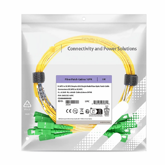 FyberOptix 1m (3ft) Fiber Patch Cable, 1 Fiber, SC APC Simplex to SC APC Simplex, Single Mode (OS2), Riser (OFNR), 2.0mm, Tight-Buffered, Yellow, 10 Pcs/Pack