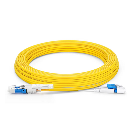 FyberOptix 5m (16ft) Fiber Patch Cable, 4 Fibers, 2 x CSâ„¢ UPC Duplex to 2 x LC UPC Duplex Flat Clip Uniboot, Single Mode (OS2), Riser (OFNR), 2.0mm, Yellow, for 200/400/800G Network Connection