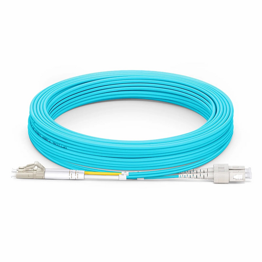 FyberOptix 15m (49ft) Fiber Patch Cable, 2 Fibers, LC UPC Duplex to SC UPC Duplex, Multimode (OM3), Riser (OFNR), 2.0mm, Tight-Buffered, Aqua