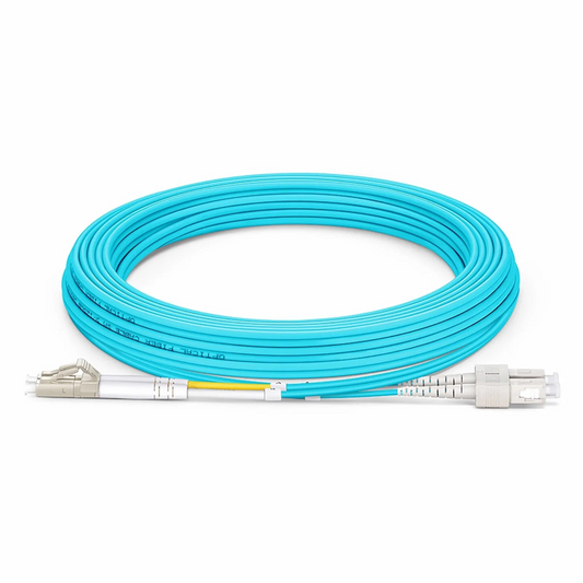 FyberOptix 5m (16ft) Fiber Patch Cable, 2 Fibers, LC UPC Duplex to SC UPC Duplex, Multimode (OM3), Riser (OFNR), 2.0mm, Tight-Buffered, Aqua