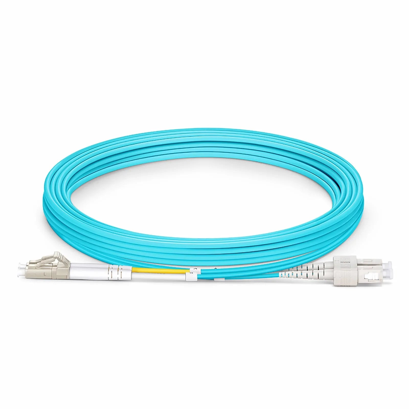 FyberOptix 3m (10ft) Fiber Patch Cable, 2 Fibers, LC UPC Duplex to SC UPC Duplex, Multimode (OM3), Riser (OFNR), 2.0mm, Tight-Buffered, Aqua