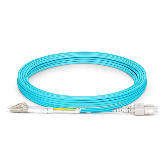 FyberOptix 3m (10ft) Fiber Patch Cable, 2 Fibers, LC UPC Duplex to SC UPC Duplex, Multimode (OM3), Riser (OFNR), 2.0mm, Tight-Buffered, Aqua