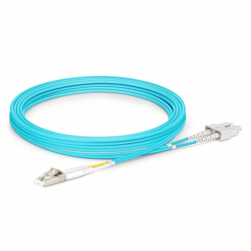FyberOptix 3m (10ft) Fiber Patch Cable, 2 Fibers, LC UPC Duplex to SC UPC Duplex, Multimode (OM3), Riser (OFNR), 2.0mm, Tight-Buffered, Aqua