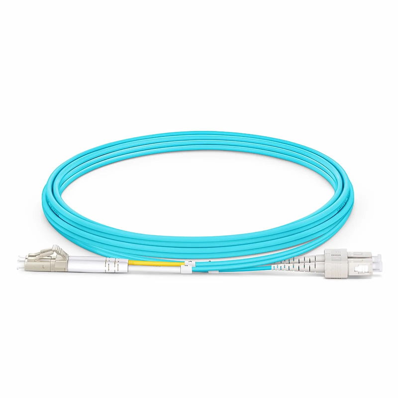 FyberOptix 2m (7ft) Fiber Patch Cable, 2 Fibers, LC UPC Duplex to SC UPC Duplex, Multimode (OM3), Riser (OFNR), 2.0mm, Tight-Buffered, Aqua