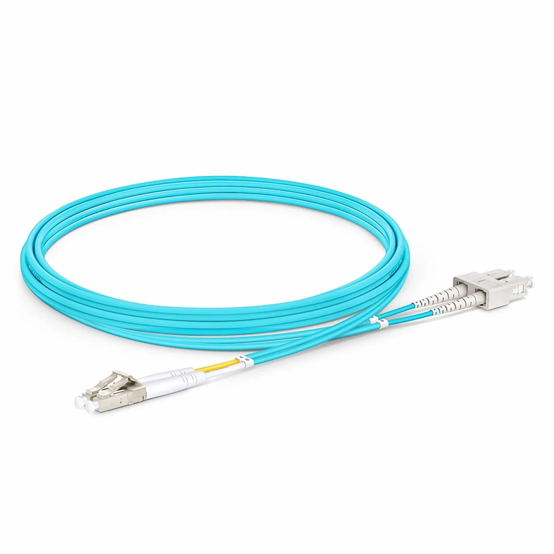 FyberOptix 2m (7ft) Fiber Patch Cable, 2 Fibers, LC UPC Duplex to SC UPC Duplex, Multimode (OM3), Riser (OFNR), 2.0mm, Tight-Buffered, Aqua