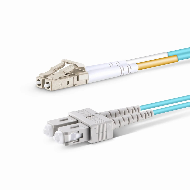 FyberOptix 2m (7ft) Fiber Patch Cable, 2 Fibers, LC UPC Duplex to SC UPC Duplex, Multimode (OM3), Riser (OFNR), 2.0mm, Tight-Buffered, Aqua