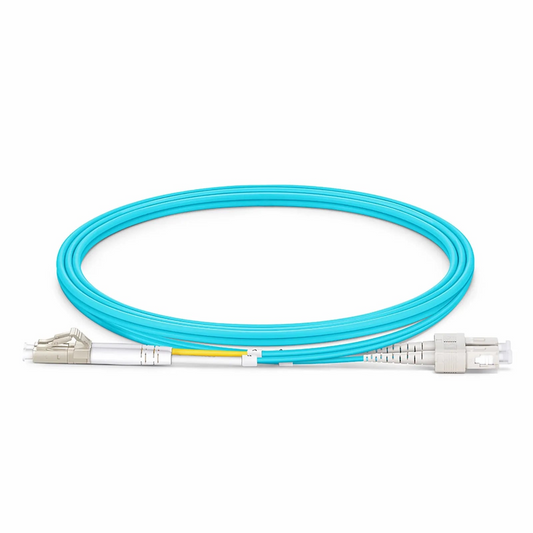 FyberOptix 1m (3ft) Fiber Patch Cable, 2 Fibers, LC UPC Duplex to SC UPC Duplex, Multimode (OM3), Riser (OFNR), 2.0mm, Tight-Buffered, Aqua