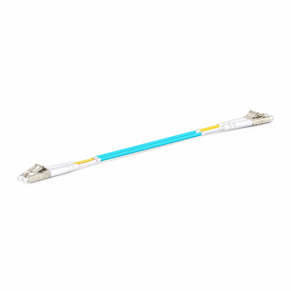FyberOptix 0.3m (0.98ft) Fiber Patch Cable, 2 Fibers, LC UPC Duplex to LC UPC Duplex, Multimode (OM3), Riser (OFNR), 2.0mm, Tight-Buffered, Aqua