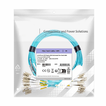 FyberOptix 1m (3ft) Fiber Patch Cable, 2 Fibers, LC UPC Duplex to LC UPC Duplex, Multimode (OM3), Riser (OFNR), 2.0mm, Tight-Buffered, Aqua, 10 Pcs/Pack
