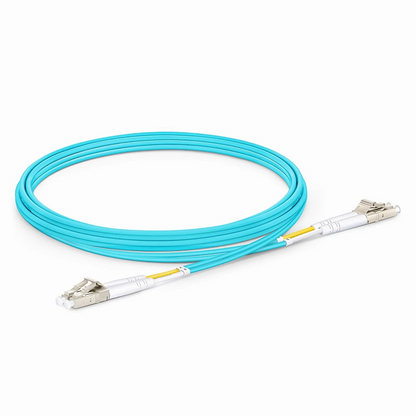 FyberOptix 2m (7ft) Fiber Patch Cable, 2 Fibers, LC UPC Duplex to LC UPC Duplex, Multimode (OM3), Riser (OFNR), 2.0mm, Tight-Buffered, Aqua