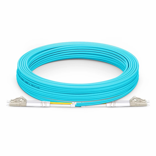 FyberOptix 30m (98ft) Fiber Patch Cable, 2 Fibers, LC UPC Duplex to LC UPC Duplex, Multimode (OM3), Riser (OFNR), 2.0mm, Tight-Buffered, Aqua