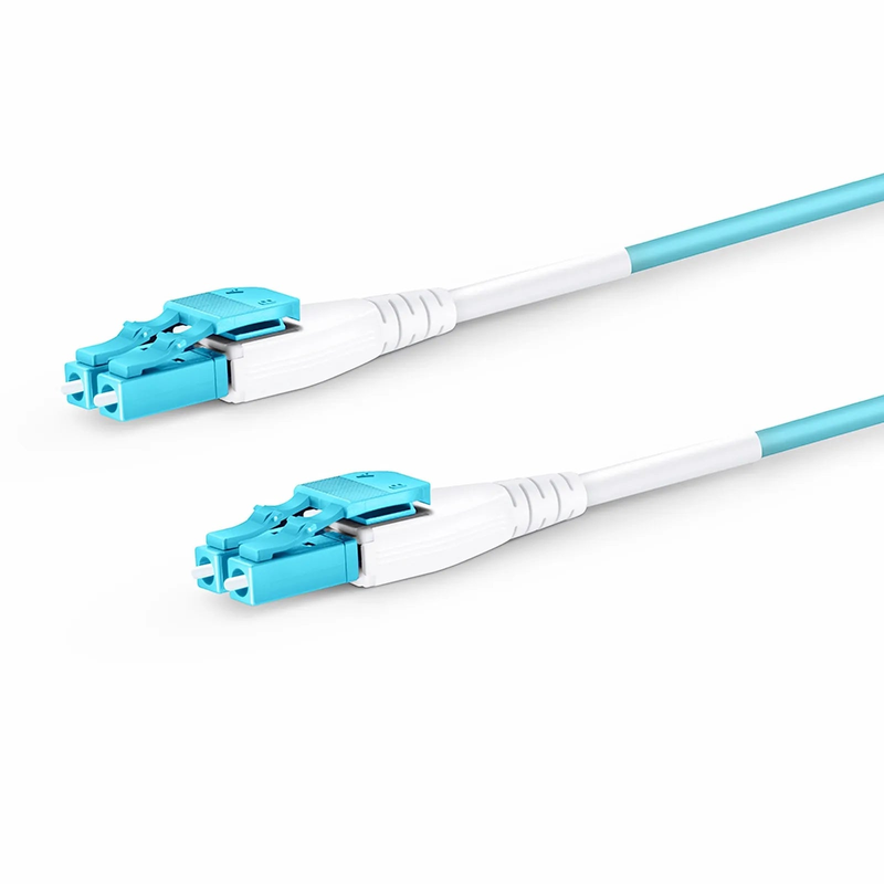 FyberOptix 1m (3ft) Fiber Patch Cable, 2 Fibers, LC UPC Duplex to LC UPC Duplex Flat Clip Uniboot, Multimode (OM4), Riser (OFNR), 2.0mm, Aqua