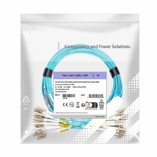 FyberOptix 3m (10ft) Fiber Patch Cable, 2 Fibers, LC UPC Duplex to LC UPC Duplex, Multimode (OM4), Riser (OFNR), 2.0mm, Tight-Buffered, Aqua, 10 Pcs/Pack
