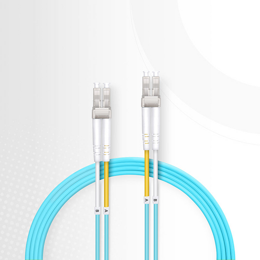 FyberOptix 1m (3ft) Fiber Patch Cable, 2 Fibers, LC UPC Duplex to LC UPC Duplex, Multimode (OM4), Riser (OFNR), 2.0mm, Tight-Buffered, Aqua, 10 Pcs/Pack