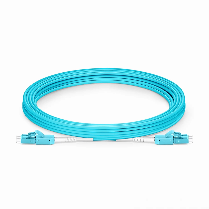 FyberOptix 5m (16ft) Fiber Patch Cable, 2 Fibers, LC UPC Duplex to LC UPC Duplex Standard Clip Uniboot, Multimode (OM3), Riser (OFNR), 2.0mm, Aqua