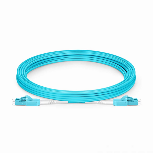 FyberOptix 5m (16ft) Fiber Patch Cable, 2 Fibers, LC UPC Duplex to LC UPC Duplex Standard Clip Uniboot, Multimode (OM3), Riser (OFNR), 2.0mm, Aqua