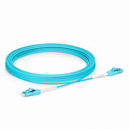 FyberOptix 5m (16ft) Fiber Patch Cable, 2 Fibers, LC UPC Duplex to LC UPC Duplex Standard Clip Uniboot, Multimode (OM3), Riser (OFNR), 2.0mm, Aqua