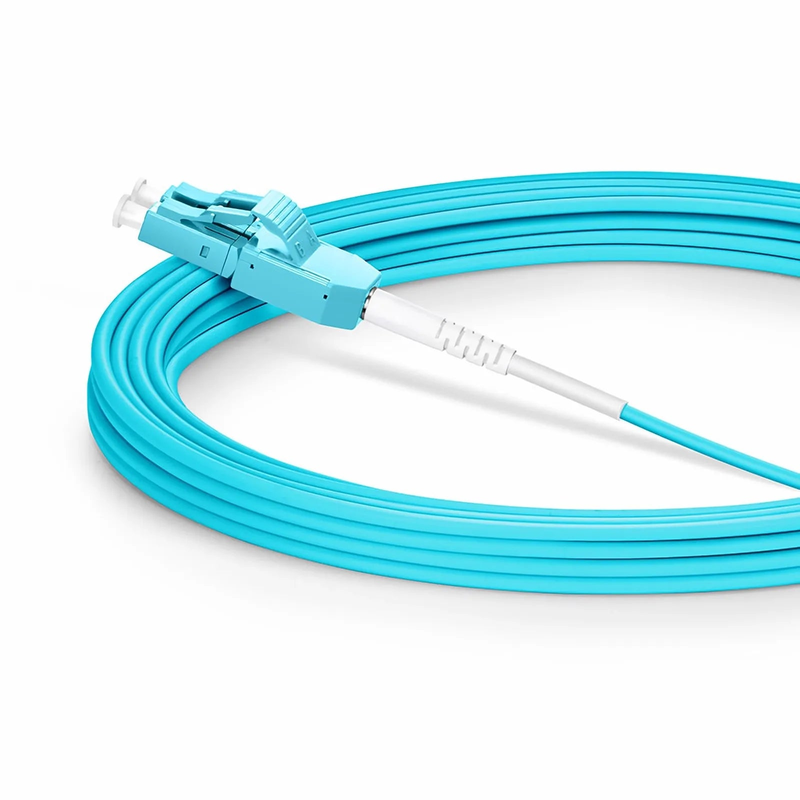 FyberOptix 5m (16ft) Fiber Patch Cable, 2 Fibers, LC UPC Duplex to LC UPC Duplex Standard Clip Uniboot, Multimode (OM3), Riser (OFNR), 2.0mm, Aqua