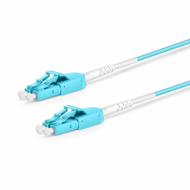 FyberOptix 5m (16ft) Fiber Patch Cable, 2 Fibers, LC UPC Duplex to LC UPC Duplex Standard Clip Uniboot, Multimode (OM3), Riser (OFNR), 2.0mm, Aqua