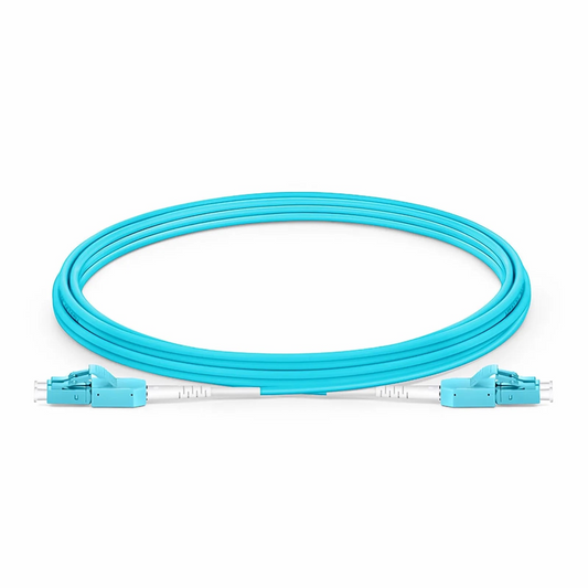 FyberOptix 3m (10ft) Fiber Patch Cable, 2 Fibers, LC UPC Duplex to LC UPC Duplex Standard Clip Uniboot, Multimode (OM3), Riser (OFNR), 2.0mm, Aqua