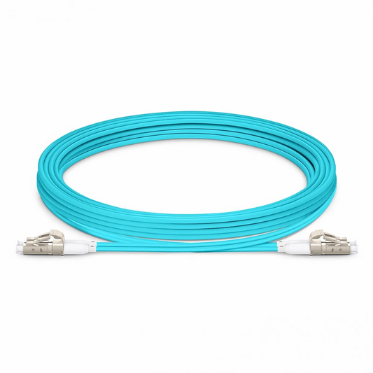 FyberOptix 3m (10ft) Fiber Patch Cable, 2 Fibers, Short Boot, LC UPC Duplex to LC UPC Duplex, Multimode (OM4), Riser (OFNR), 2.0mm, Tight-Buffered, Aqua