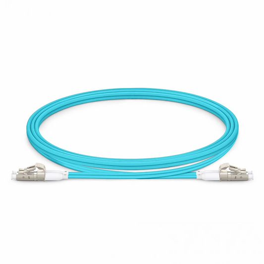 FyberOptix 1m (3ft) Fiber Patch Cable, 2 Fibers, Short Boot, LC UPC Duplex to LC UPC Duplex, Multimode (OM4), Riser (OFNR), 2.0mm, Tight-Buffered, Aqua