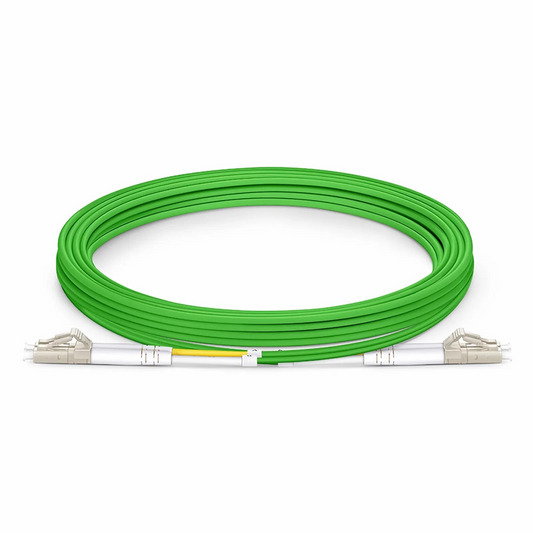 FyberOptix 3m (10ft) Fiber Patch Cable, 2 Fibers, LC UPC Duplex to LC UPC Duplex, Multimode (OM5), Riser (OFNR), 2.0mm, Tight-Buffered, Lime Green