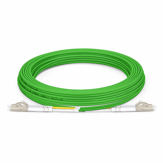 FyberOptix 10m (33ft) Fiber Patch Cable, 2 Fibers, LC UPC Duplex to LC UPC Duplex, Multimode (OM5), Riser (OFNR), 2.0mm, Tight-Buffered, Lime Green