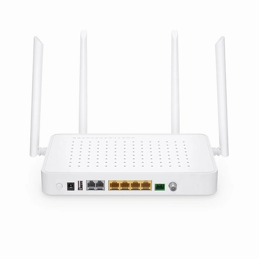 FyberOptix TA1910-4GVC-W, XPON (GPON + EPON) HGU ONU with 1 x PON, 4 x GE, 2 x POTS, 1 x RF, 1 x USB, and 4 x External Dual Band Antennas (1200M WiFi 4/5)