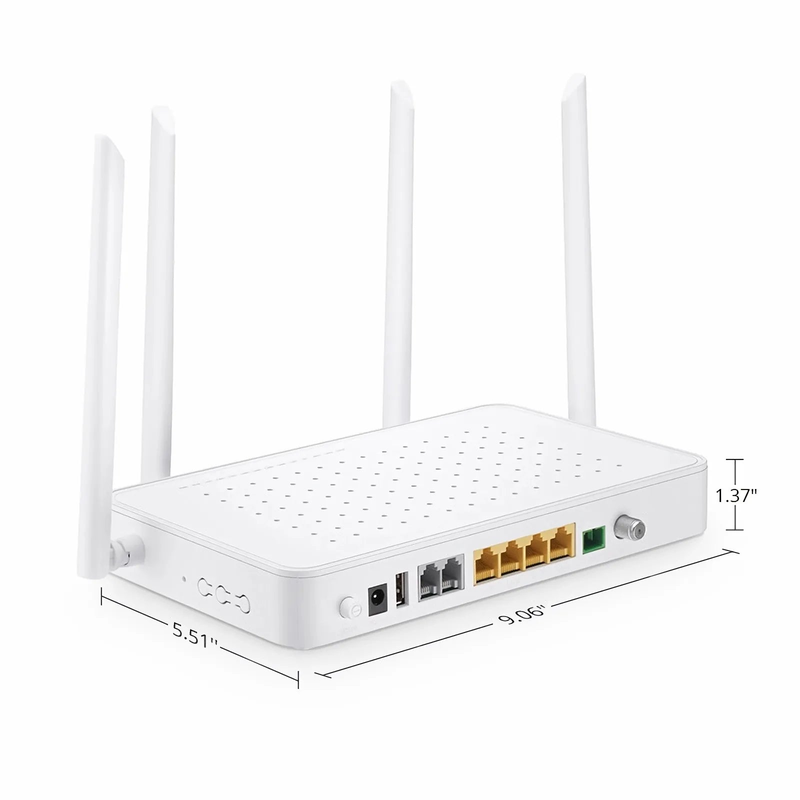 FyberOptix TA1910-4GVC-W, XPON (GPON + EPON) HGU ONU with 1 x PON, 4 x GE, 2 x POTS, 1 x RF, 1 x USB, and 4 x External Dual Band Antennas (1200M WiFi 4/5)