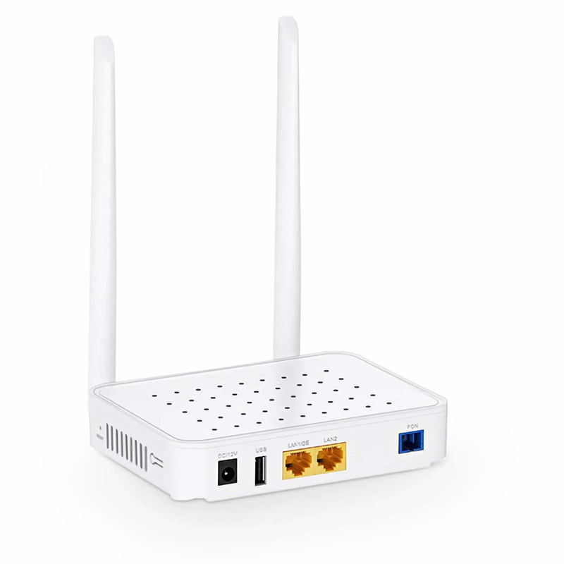 FyberOptix ONU1910-1GF-W, XPON (GPON + EPON) ONU, with 1 x PON, 1 x GE, 1 x FE, 1 x USB, and 2 x External Antennas (2.4GHz, 300Mbps WiFi 4)