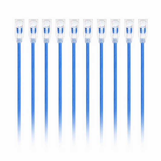 FyberOptix 1ft (0.3m) Cat6a 28AWG Snagless Unshielded (U/UTP) PVC CM Small Diameter High-Flex Ethernet Network Patch Cable, Blue ,10Pcs/pack