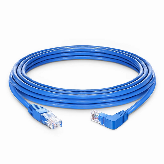 FyberOptix 25ft (7.6m) 90 Degree Cat6 26AWG Snagless Unshielded (U/UTP) PVC CM Ethernet Network Patch Cable, RJ45 Right Angle Down Male to RJ45 Male, Blue