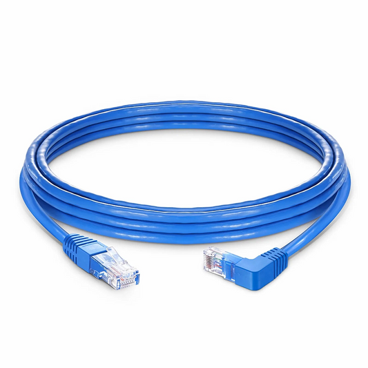 FyberOptix 15ft (4.6m) 90 Degree Cat6 26AWG Snagless Unshielded (U/UTP) PVC CM Ethernet Network Patch Cable, RJ45 Right Angle Down Male to RJ45 Male, Blue