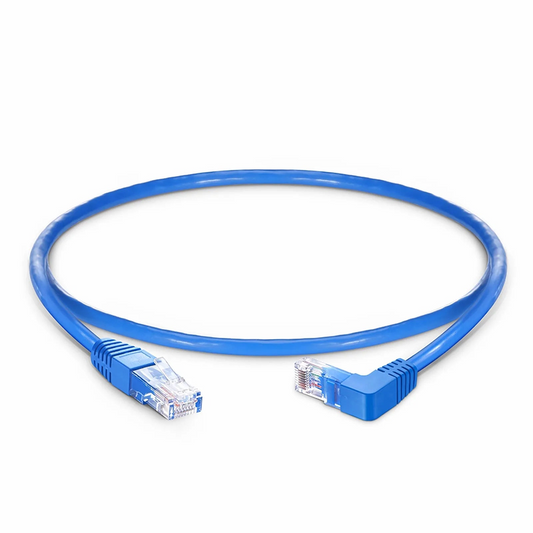 FyberOptix 1ft (0.3m) 90 Degree Cat6 26AWG Snagless Unshielded (U/UTP) PVC CM Ethernet Network Patch Cable, RJ45 Right Angle Down Male to RJ45 Male, Blue